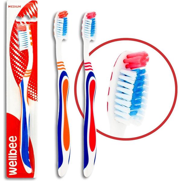 Wellbee Spazzolino Da Denti Medio Per Adulti (Confezione Blister Da 3 Pezzi) - Mix Di Colori 1 Pezzo.-image