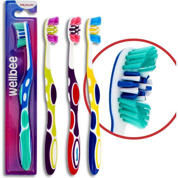 Wellbee Spazzolino Da Denti Medio Per Adulti (Confezione Blister Da 5 Pezzi) - Colori Assortiti 1 Pezzo-image