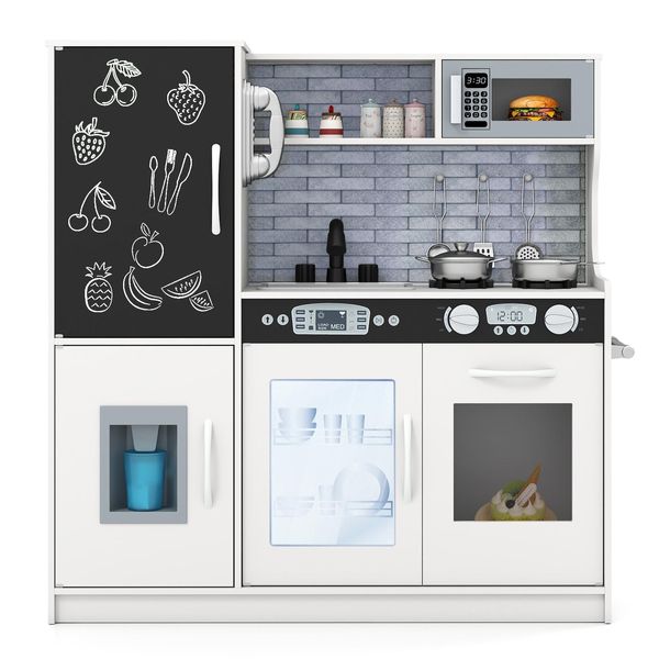 Cucina Per Bambini Costway, Cucina Da Gioco In Legno Con Accessori, Lavagna, Microonde, Gelatiera, Lavastoviglie E Forno, Cucina In Legno Per Bambini A Partire Da 3 Anni (Giallo)-image