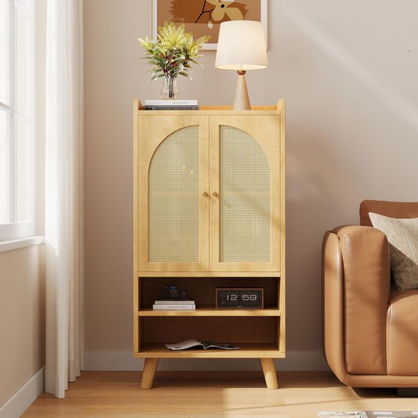 Merax Sideboard Comò Con 2 Ante In Rattan E 2 Scomparti Aperti, Mobile Contenitore, Credenza In Legno Per Soggiorno, Cucina O Ingresso, 60×40×121 Cm, Naturale-image