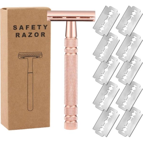 Inf Rasoio Di Sicurezza A Doppia Lama Con 10 Lamette In Acciaio Inossidabile Oro Rosa-image