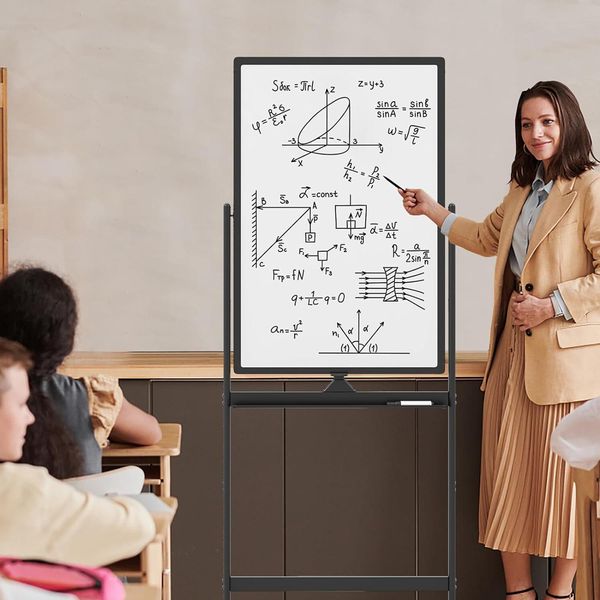 Lavagna Mobile Bifacciale Costway, 60 X 100 Cm, Lavagna Magnetica Regolabile In Altezza Con Ruote, Supporto E Portapenne, Accessori Inclusi Per Scuola, Ufficio, Casa (Nero)-image