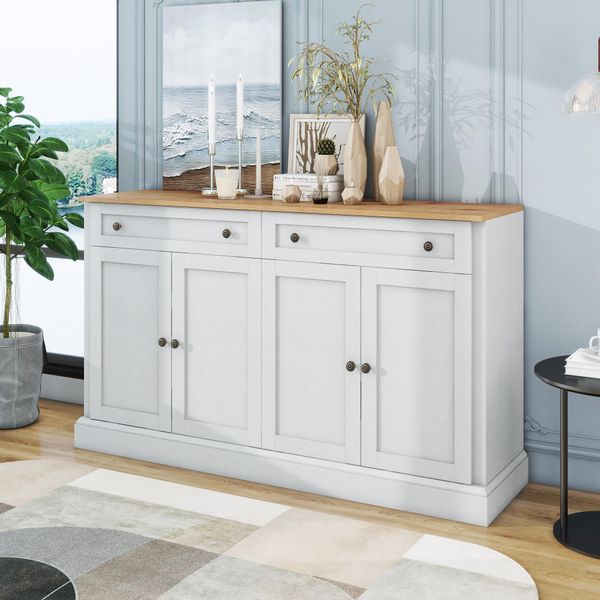 Credenza Merax Con 2 Cassetti E 4 Ante, Ampio Spazio E Maniglie In Metallo, Credenza In Stile Rustico, Larghezza 150 Cm-image