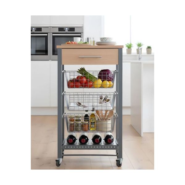 Don Hierro - Carrello Da Cucina Diana Con 3 Cestini In Metallo, Cassetto E Portabottiglie In Acciaio Inox-image