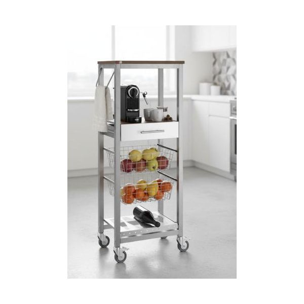 Don Hierro - Carrello Da Cucina Alto Con 2 Cestini, Cassetto E Portabottiglie - Onda Alluminio-image