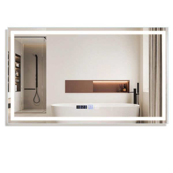 Specchio Da Bagno Zmh Con Illuminazione 100X60 Cm Specchio Da Parete IP44 Con Orologio Touch Funzione Antiappannamento Specchio Illuminato Dimmerabile 3000K-6500K-image