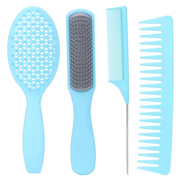 Set Di 4 Pettini Professionali, Spazzola Districante, Spazzola Per Styling, Pettine Con Manico A Coda, Pettine A Denti Larghi Per Capelli Lunghi, Spessi, Sottili E Ricci, Blu-image