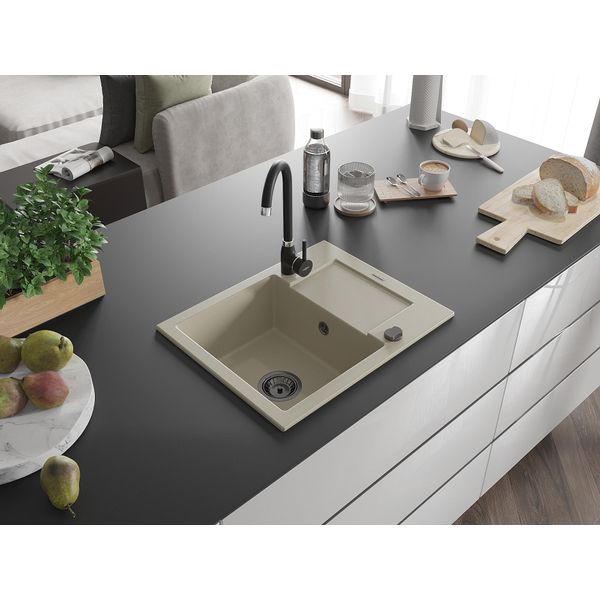 Mexen Enzo Lavello In Granito 1 Vasca Con Sgocciolatoio E Rubinetto Cucina Telma, Beige - 6506-69-670200-70-image