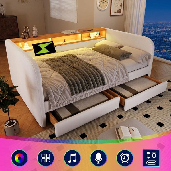 Divano Letto Imbottito 140X190 Beige Chiaro Con Led E USB-C | Divano Letto Con 2 Cassetti E Testiera Con Vano Contenitore | Effetto Lino Senza Materasso-image