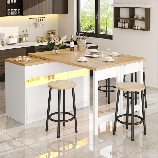 Tavolo Da Bar Allungabile Con Led, Tavolo Da Pranzo Girevole Con Armadio, Tavolo Da Cucina/Sala Da Pranzo Girevole A 360°, 120-180X40X71,5 Cm, Bianco-image