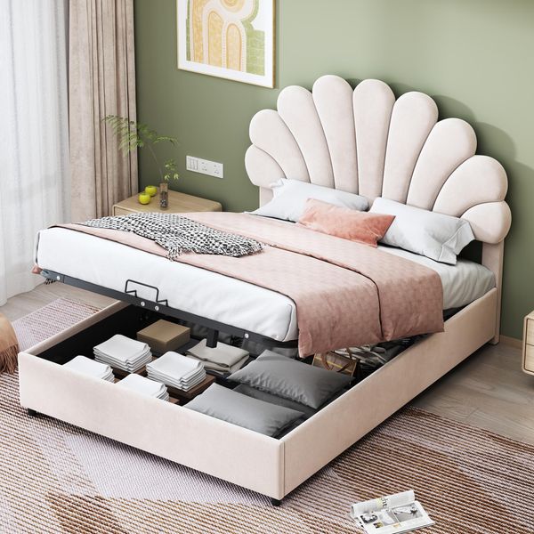 Letto Imbottito 140 X 200 Cm, Con Testata Floreale E Rete A Doghe, Con Testata Regolabile In Altezza E Contenitore Idraulico,Beige-image