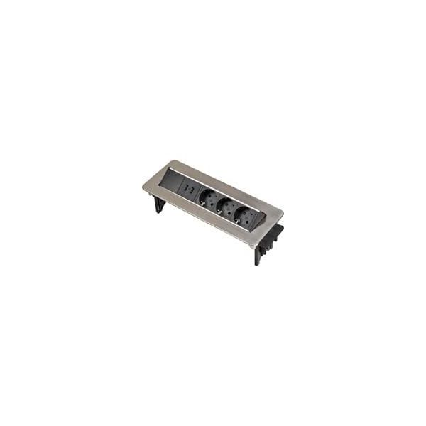 Indesk-Power Versenkbare Steckdosenleiste 3-Fach Silber/Schwarz, 2 Meter, 2X Usb-image