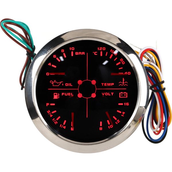 4In1 85 Mm Guage Multifunzione Indicatore Di Carburante Pressione Dell'olio Temperatura Dell'acqua -Volt Meter Dc 9- 32 V Per Auto -RV -Barca Moto Nero Argento ℃/Bar-image