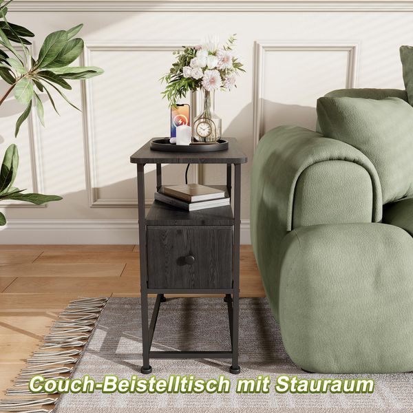 Proximax Tavolino Nero Con 1 Cassetto E Funzione Di Ricarica - Comodino Con Presa E Passacavo, 60×30×62 Cm, Moderno-image