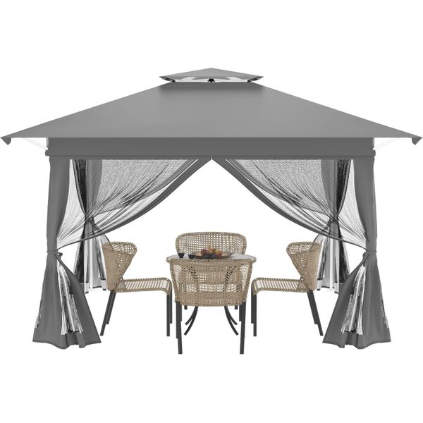 Yuenfong Gazebo Da Giardino 4X4 M Gazebo Tenda Da Festa Copertura Protettiva A Due Piani Gazebo Pieghevole In Metallo Con 4 Zanzariere Laterali Gazebo Da Cortile Pergola Per Feste, Bancarella (Grigio)-image