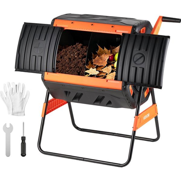 Vevor Compostiera A Tamburo 200 L, Compostiera A Rotazione Per Esterni Con 2 Porte Scorrevoli, Sistema Di Ventilazione E Doppia Camera, Contenitore Per Compost In Pp E Acciaio Al Carbonio Per Rifiuti Da Giardino, Cucina E Cortile-image