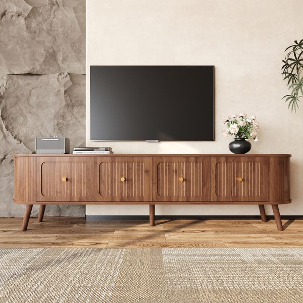 Mobile Tv Merax Con 4 Ante E Maniglie Dorate, Mobile Tv Basso Con Gambe In Legno, Mobile Tv Vintage Con Venature Verticali In Stile Retrò, Noce-image