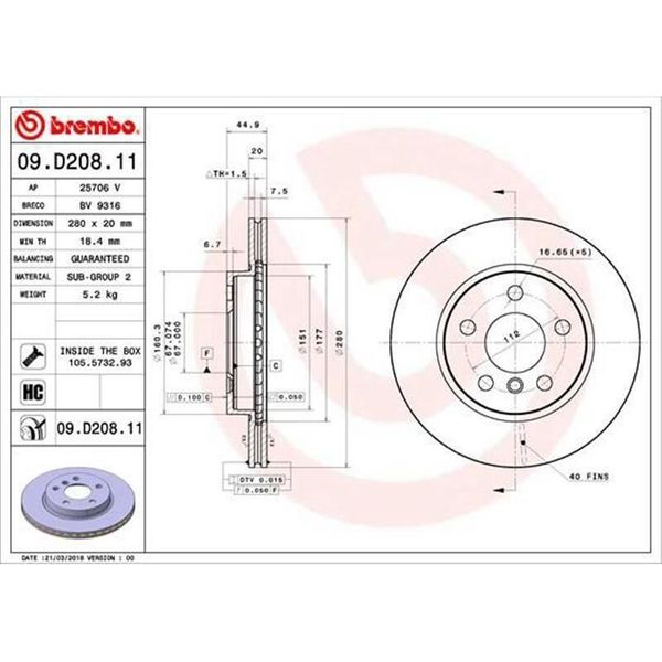 2X Disco Freno Brembo 09.D208.11 Per Bmw I3 (I01) 45Mm 280Mm-image