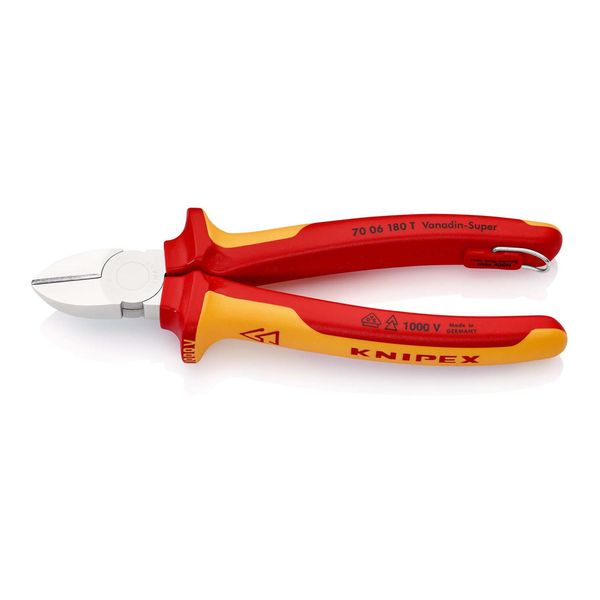 Knipex 70 06 180 T Seitenschneider Isoliert Mit Mehrkomponenten-HüLlen, Vde-GeprüFt; Mit Integrierter Isolierter BefestigungsöSe Zum Anbringen Einer A)-image