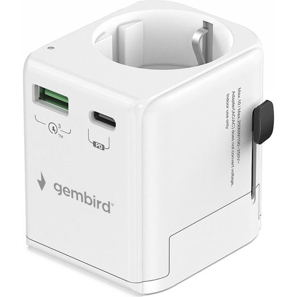 Gembird TPA-EU1A1C20-01-W Grounded Universal Travel Power Adapter, 20 W, White-image