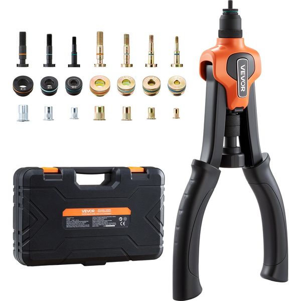 Set Di Pinze Per Dadi Rivettati Vevor 34 Cm, Pinze Rivettatrici A Due Mani Con 7 Punte E 70 Dadi In Misure Metriche E Sae (M6, M8, M10, 10-24, 1/4-20, 5/16-18, 3/8-16 Unc) Incl. Borsa Per Il Trasporto, Per Uso Domestico E Automobilistico-image