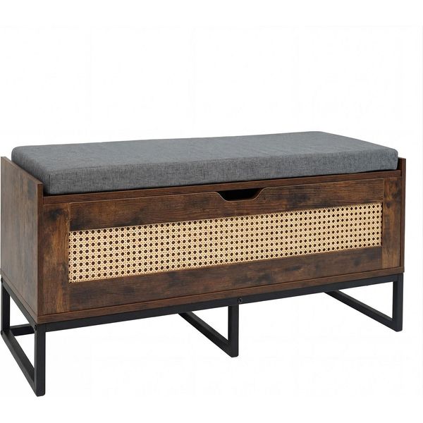 Panca Porta Scarpe Costway Con Seduta Imbottita, Scarpiere In Rattan Con Coperchio Ribaltabile E Ferramenta Di Sicurezza, Panca Fino A 200 Kg, 100 X 35 X 44 Cm-image