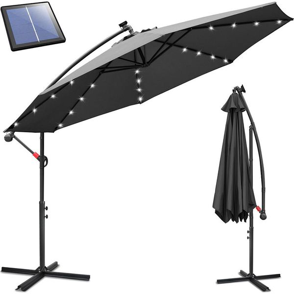 Ombrellone Izrielar 3,5 M Grigio Con Illuminazione A Led, Ombrellone Da Giardino Con Manovella, Protezione Solare Uv 50+, Inclinabile E Resistente Al Vento, Con Base A Croce Inclusa-image