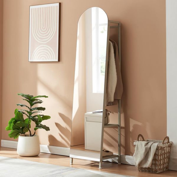 Specchio Guardaroba 2 In 1 "Frenraby"" Specchio A Figura Intera Con Appendiabiti E 2 Ripiani Metallo 165 X 40 X 35 Cm Colore Sabbia"-image