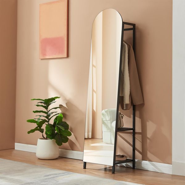Specchio Guardaroba 2 In 1 "Frenraby"" Specchio A Figura Intera Con Appendiabiti E 2 Ripiani Metallo 165 X 40 X 35 Cm Nero"-image