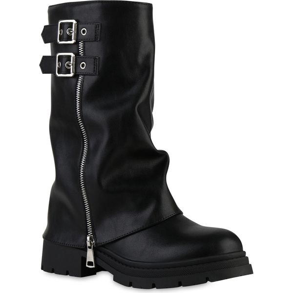 Van Hill Stivali Da Donna Leggermente Foderati Stivali Biker Scarpe Con Fibbia 841799, Colore: Nero, Taglia: 38-image