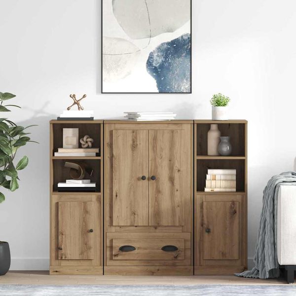 Vidaxl Credenza Con Cassetti 3 Pezzi Materiale Artigianale A Base Di Legno Di Quercia-image