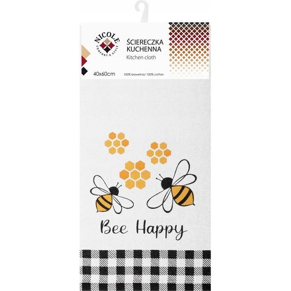 Nicole Asciugamano Da Cucina In Cotone 40 X 60 Cm, Codice Articolo 52387, Api Bianche, Scritta "Bee Happy"""-image