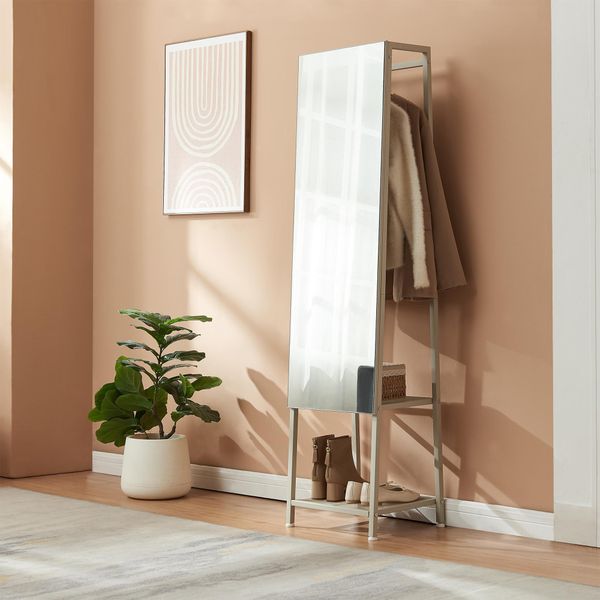 Specchio Guardaroba 2 In 1 "Klilbojle"" Specchio A Figura Intera Con Appendiabiti E 2 Ripiani Metallo 160 X 40 X 35 Cm Colore Sabbia"-image