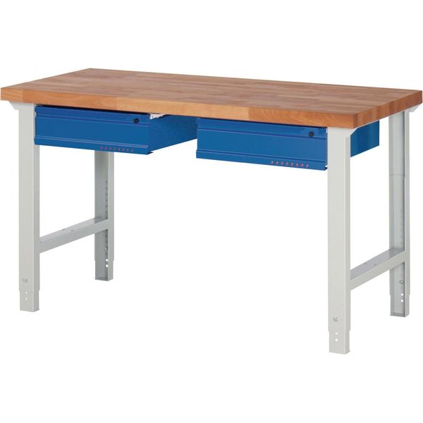 Banco Da Lavoro Serie Bk 650 L1500Xp700Xh790-1140Mm Faggio Massiccio Grigio Chiaro/Blu Genziana 2 Cassetti-image