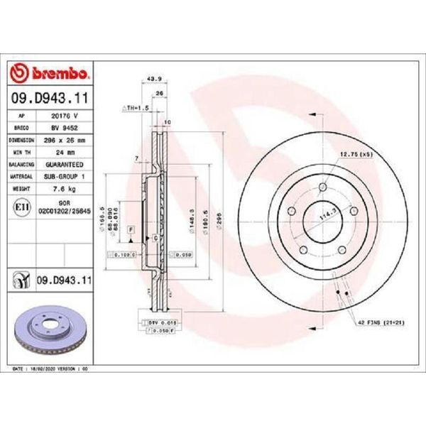 2X Disco Freno Brembo 09.D943.11 Per Renault Koleos Ii (Hc_) 44Mm 296Mm-image