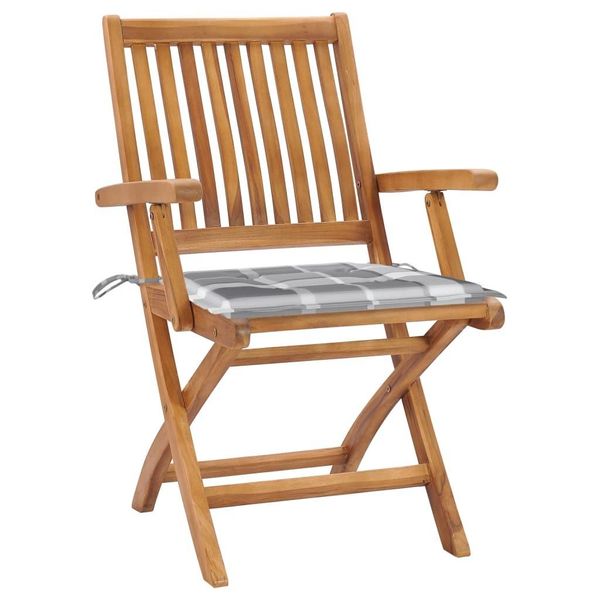 Vidaxl Sedie Da Giardino 2 Pz. Cuscini A Quadri Grigi In Teak Massiccio-image