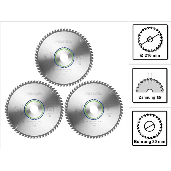 Set Di Lame Circolari Speciali Festool 3X Hw 216 X 30 X 2,3 Mm W60 ( 3X 491051 ) 216 Mm 60 Denti-image