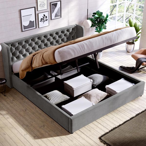 Letto Imbottito Flieks 180X200Cm, Letto A Molle Idrauliche Con Rete A Doghe, Letto Contenitore Letto Matrimoniale Letto Giovanile Con Contenitore, Letto Funzionale In Velluto, Grigio-image