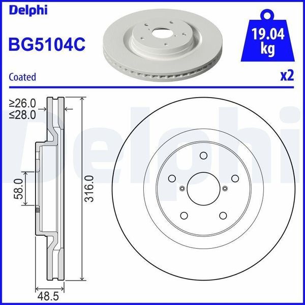 2X Disco Freno Delphi BG5104C Per Subaru Forester V (Sk) Outback 48 5Mm 316Mm-image