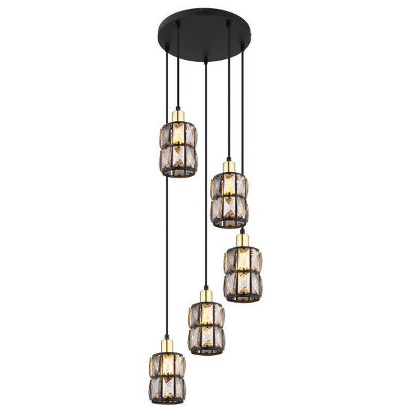 Globo Lighting Lampada A Sospensione Metallo Nero Opaco, Cristalli Di Vetro Color Fumo, Metallo Color Ottone Opaco, Cavo Pvc Nero, ø: 300Mm, H: 1200Mm, Excl. 5X E14 40W 230V-image