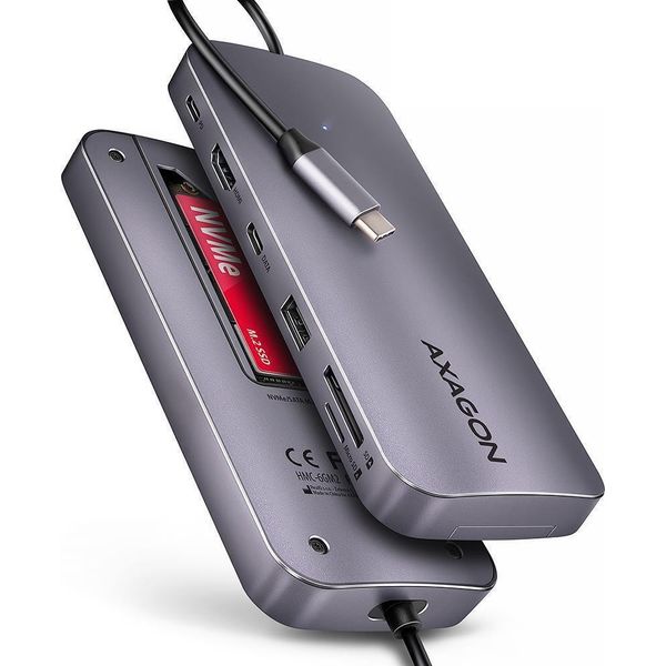 Axagon Axagon HMC-6GM2 Hub Usb 10Gbps USB-A USB-C Hdmi M.2 Sd/Msd Pd 100W USB-C Wired Usb 3.2 Gen 2 (3.1 Gen 2) Type-C Grigio-image