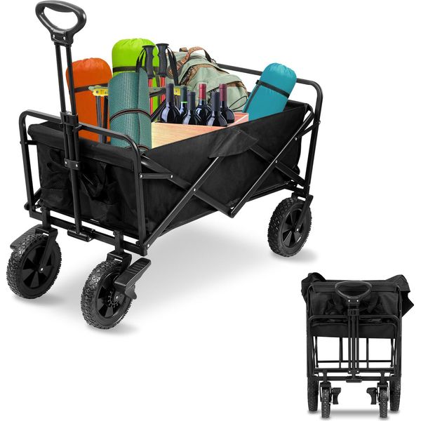 Tolletour Carrello Manuale Pieghevole Carrello Da Trasporto Carrello Porta Attrezzi Pieghevole, Pneumatici In Gomma Piena, Fino A 80 Kg Carrello Da Giardino Nero-image