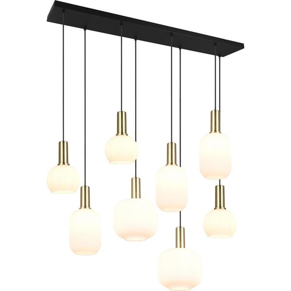 Lampada A Sospensione Decorativa Nera Opaca Con Striscia Di Vetro E Paralumi Bianchi Per Sala Da Pranzo Sopra Il Tavolo 8Xe27 10W Diva Trio-image