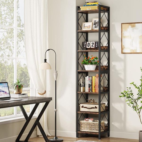Scaffale Angolare Tribesigns A 7 Livelli, Scaffale Libreria Alto 200 Cm Per Piccole Stanze, Organizzatore Angolare Multifunzionale (35X35X200 Cm)-image