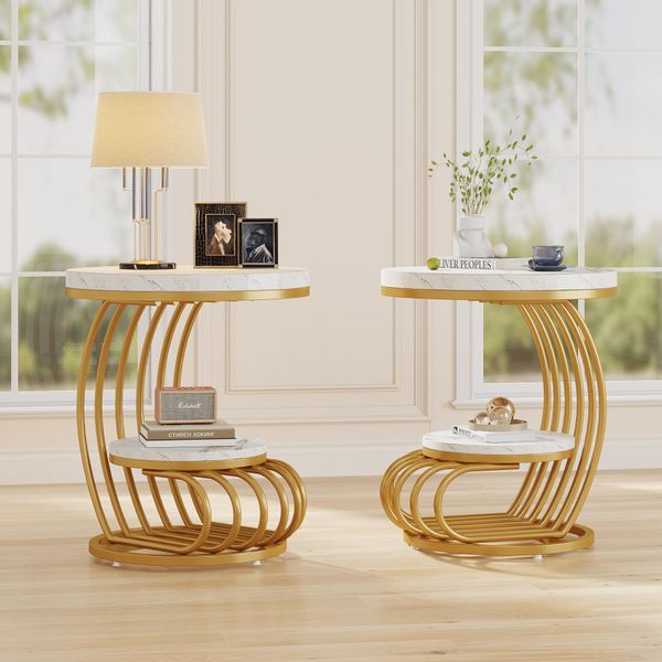 Tavolino Rotondo Golden Di Tribesigns: Tavolino A 2 Livelli In Marmo Artificiale Con Ripiano, Comodino Moderno In Oro Bianco, Con Struttura In Metallo-image