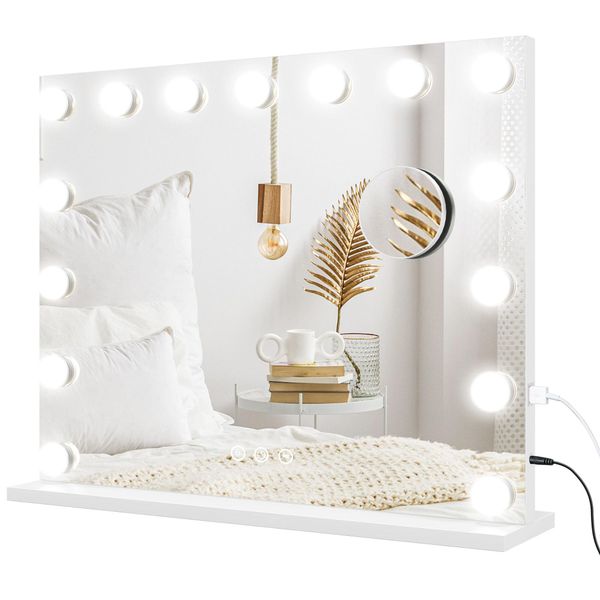 Homcom Hollywood Specchio Con Illuminazione, Specchio Per Il Trucco Con 15 Luci Led, Specchio Cosmetico Dimmerabile Con Ingrandimento 10X, Porta Di Ricarica Usb-image