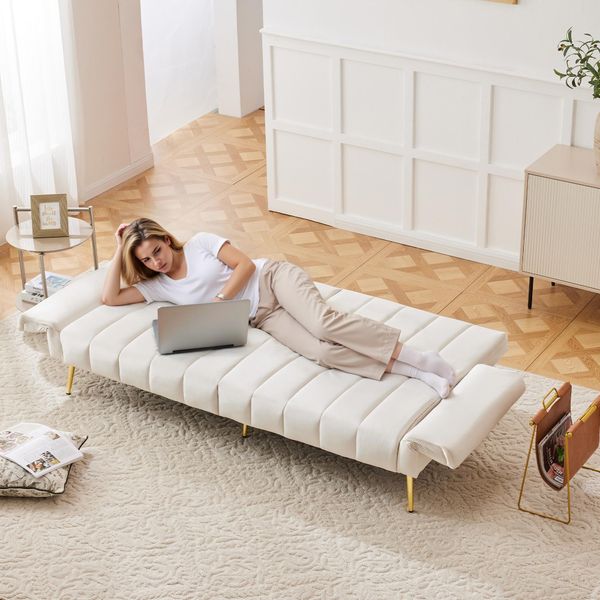 Abrihome Divano Letto Pieghevole Con Schienale Regolabile In 5 Posizioni, Funzione Letto, Tessuto In Velluto, Beige-image