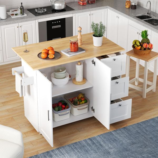 Carrello Da Portata Flieks Carrello Da Pranzo Carrello A Isola Per Cucina Con Piano Di Lavoro Estensibile, Isola Per Cucina Carrello Da Cucina Con Cassetti, Bianco-image