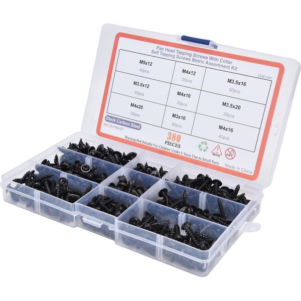 380Pcs Kit Di Viti Autofilettanti Acciaio Al Carbonio Nero A Testa Tonda Assortimento Di Viti Autoperforanti-image