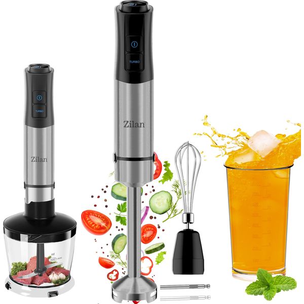 Set Di Frullatori Manuali 5 In 1 Zilan - 1200 W, 12 Velocità, Alloggiamento In Acciaio Inox, Led, Lame In Acciaio Inox 304, Incluso Tritatutto, Frusta, Montalatte E Misurino - Potente Frullatore Manuale Per La Cucina-image